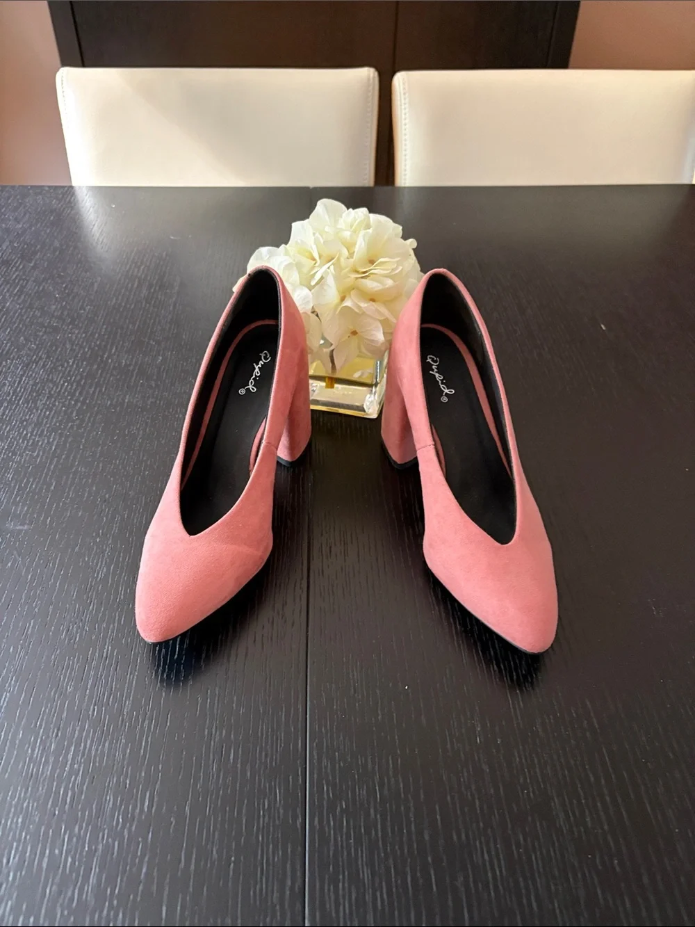 Cupid Coral Pink Suede Pointed V-Cut Block Heel Pumps